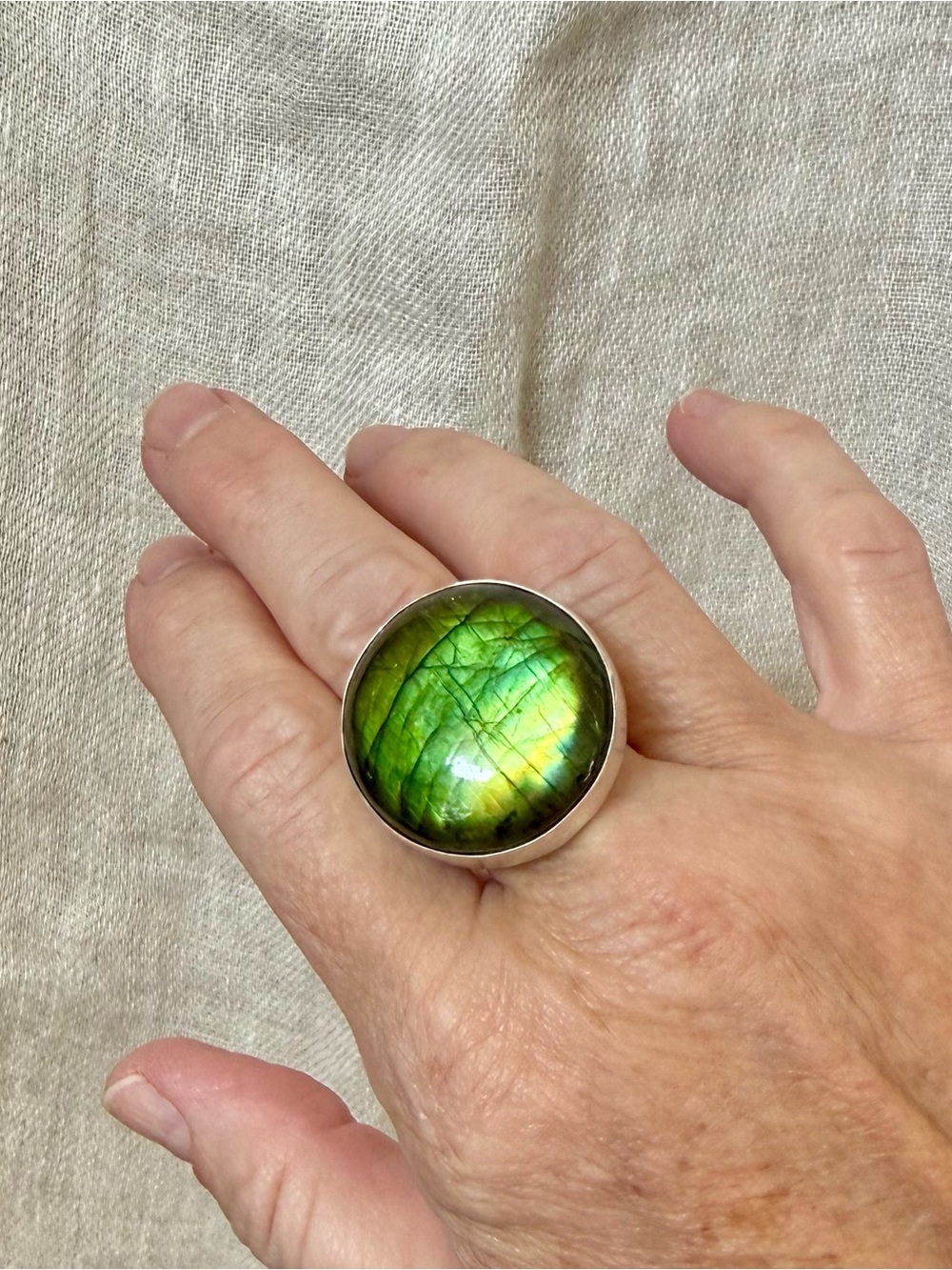 Green Labradorite and Silver Ring - Incredible Flash! Size 7 Adjustable